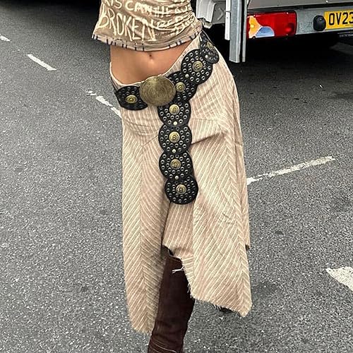 Alyweatry Women Boho Wide Disc Concho Leather Belt Aesthetic Grunge Western Waist Belt Y2K Vintage Accessories thumb #2