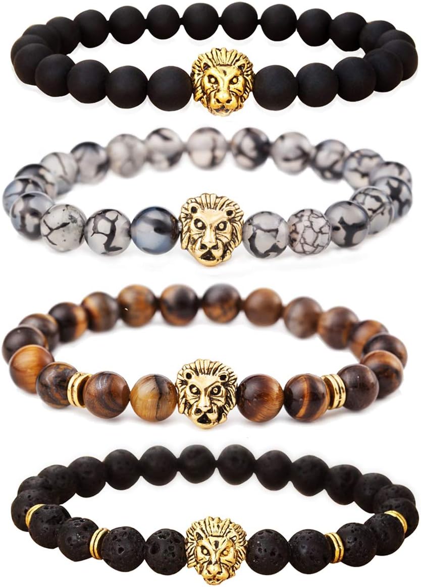 JILIN Unisex Mens Bracelets Set - Lava Rock Black Matte Agate Dragon Vein Agate Tiger Eye's Stone Beads Bracelet, Gold & Silver Plated Lion Head (Gold Lion)