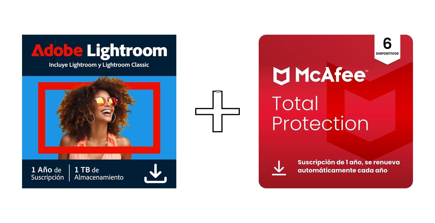 Adobe Photoshop Lightroom 1TB Cloud Memory McAfee Total Protection 2026 6 Dispositivos 12 Meses Descarga digital