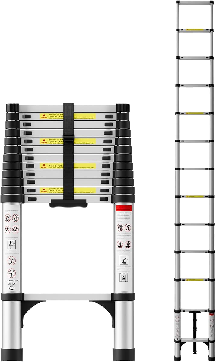 Telescoping Ladder 12.5 FT, 330 lbs Capacity; Silver | EN 131 ANSI Certified, Aluminum, Straight Extension Ladder, Multi-purpose Collapsible for RV, Home, Outdoor Work