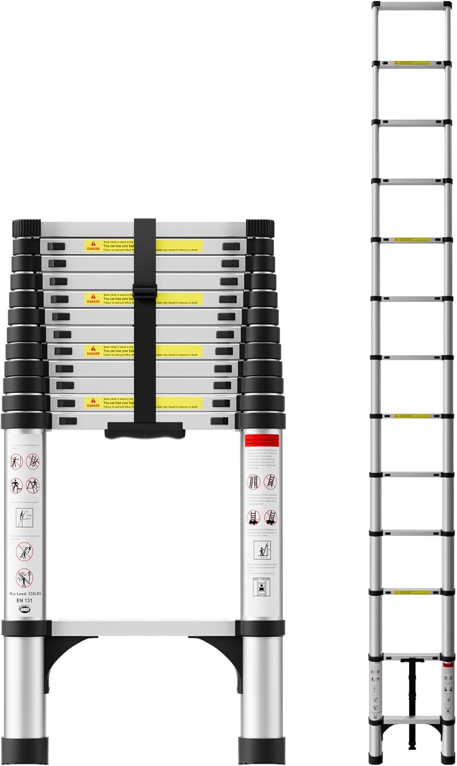 Telescoping Ladder 12.5 FT,CE ANSI Certified Aluminum Extension Ladder with 2 Triangular Stabilizers,330 lbs Max Capacity Multi-Purpose Portable Collapsible Ladder for RV,Outdoor Work Silver