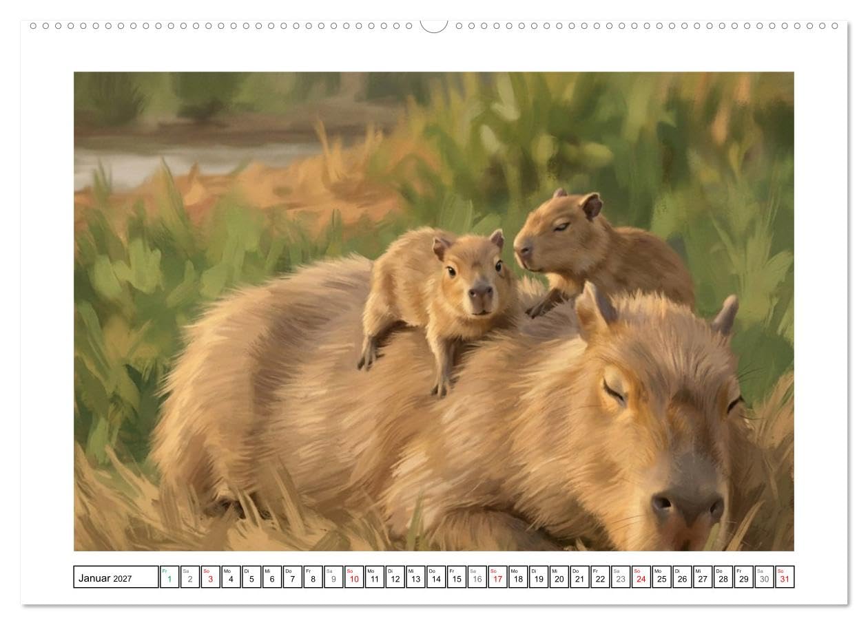 Capybara – Ein Nachmittag am Fluss (Wandkalender 2027 DIN A2 quer), CALVENDO Monatskalender: Eine Gruppe und ihre Kleinen (CALVENDO Tiere)