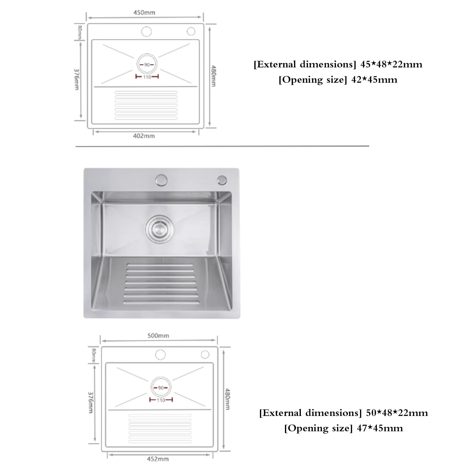 Lavandino Compatto in Acciaio Inox per Camper, salvaspazio, per Piccoli Appartamenti, con ASSE Laterale, Ideale per Lavanderia, Balcone e spazi ristretti (50 x 48 x 22 cm)