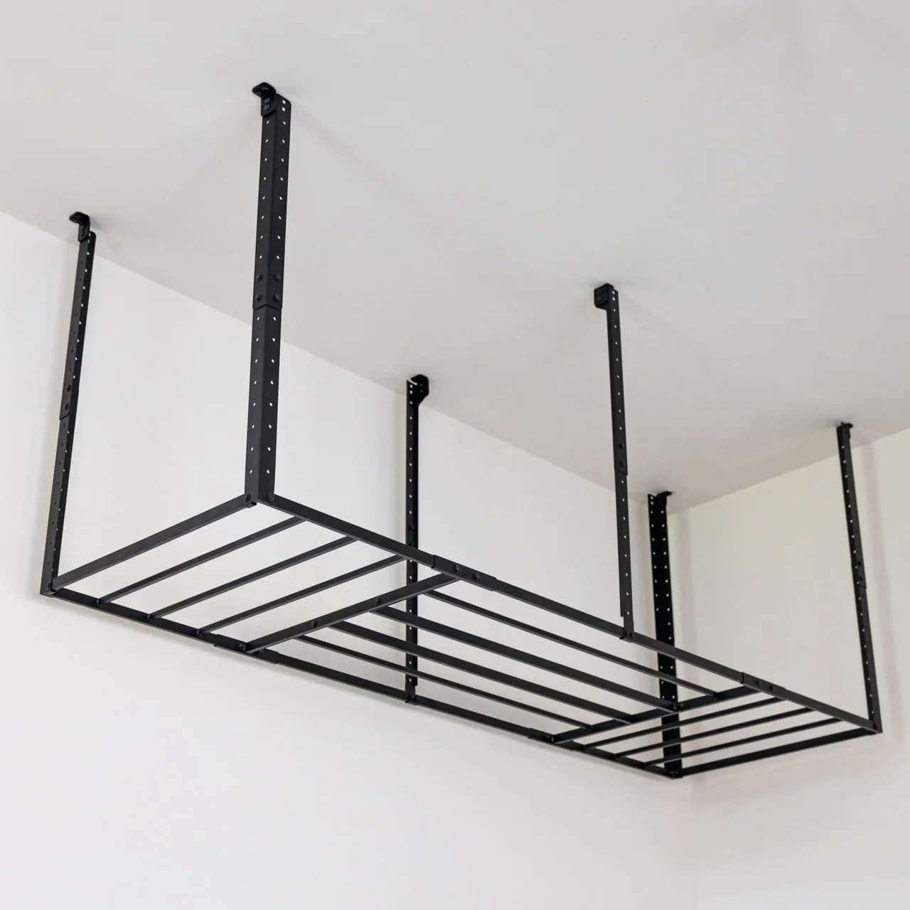 StoreYourBoard Heavy-Duty Ceiling Mounted Garage Shelving, Steel Overhead Ceiling Shelf, 3x8 Garage Organization Rack with Hooks, Holds 700 lbs