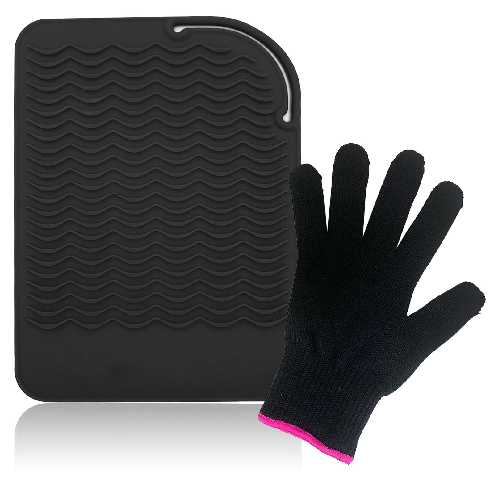 Souvik Ensemble de Protection Thermique pour Lisseur et à Boucler Tapis en Silicone Antidérapant et Gant Résistant à la Chaleur pour Outils de Coiffure Plat et à Friser Noir