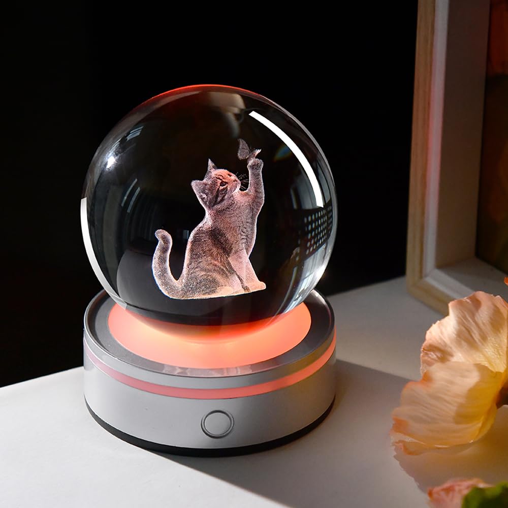 ZRENJHUS 3D Cat Crystal Ball Gifts for Women 80mm Cat Lover Gift for Her Glass Sphere Kitten Night — view 5