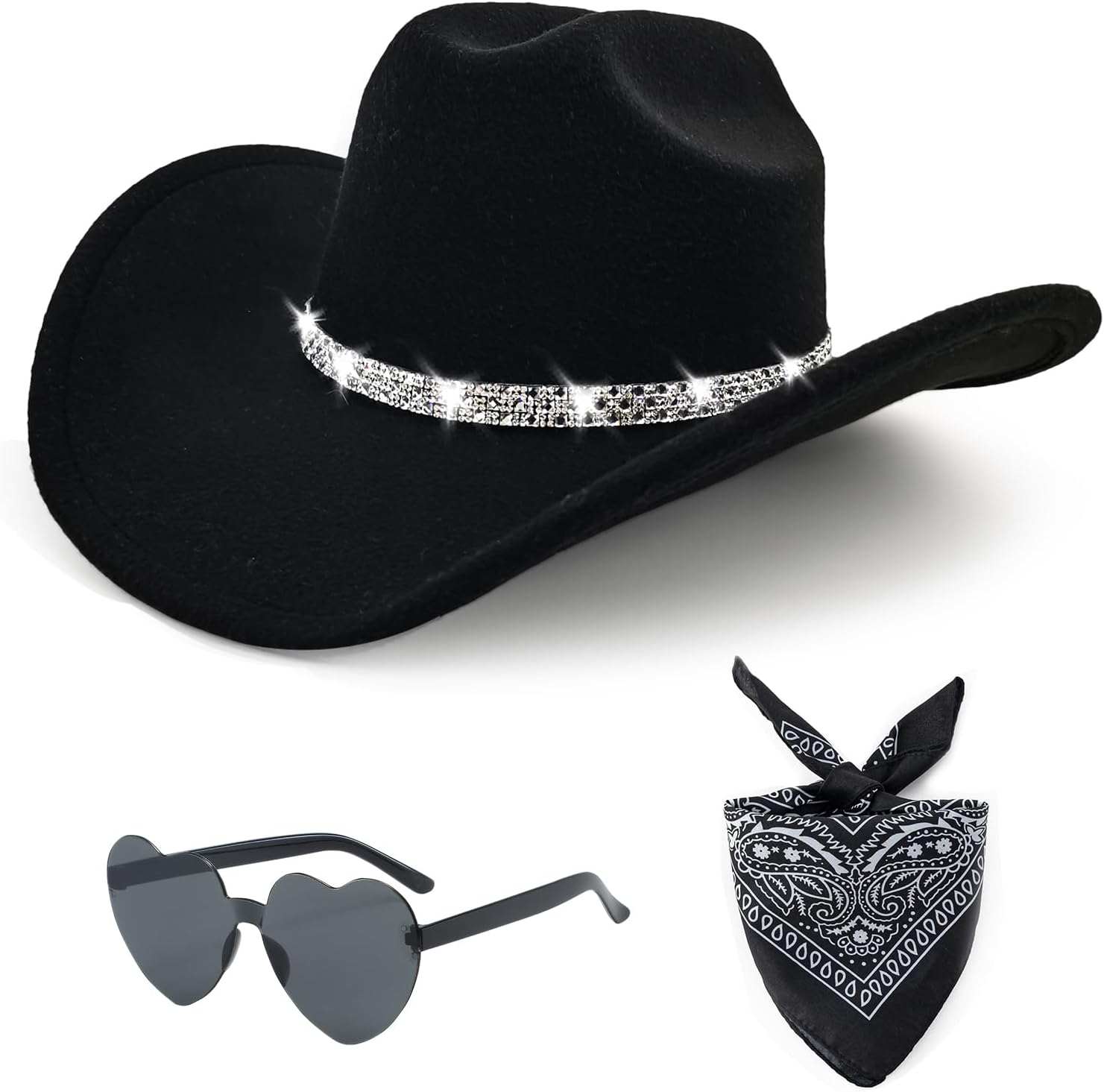 3Pcs Rhinestone Cowboy Hat for Women with Bandana, Heart Sunglasses set, Wide Brim Cowgirl Hat for Western Disco Party Medium Black