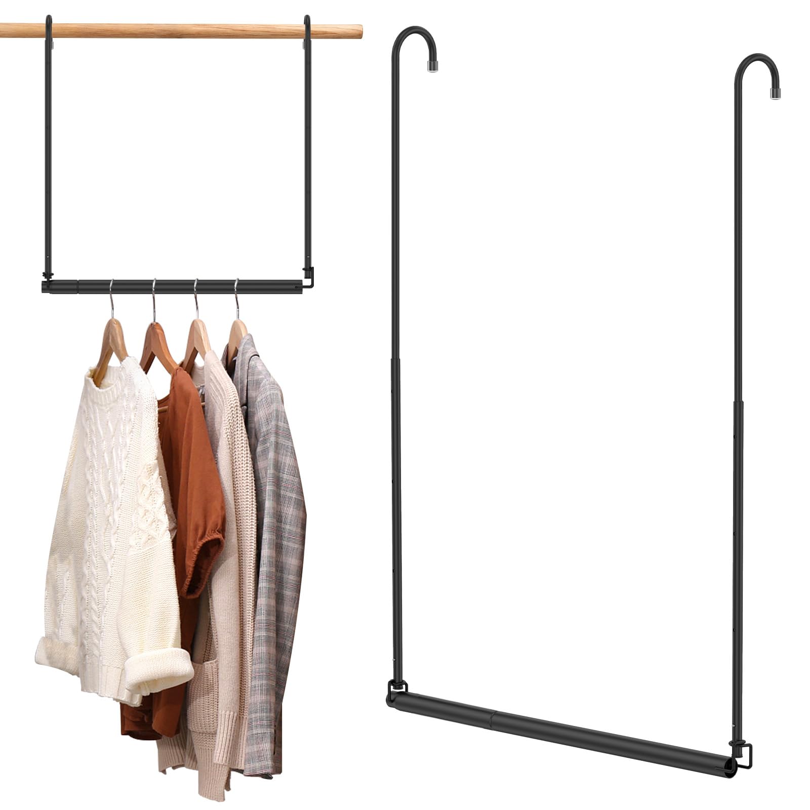 MENIBBLER Adjustable Hanging Closet Rod, Extendable Stainless Steel Clothes Hanger with 50 lbs Load Capacity 40.5-71cm Length and 43-73cm Height Telescopic Organizer for Wardrobe Balcony(black)