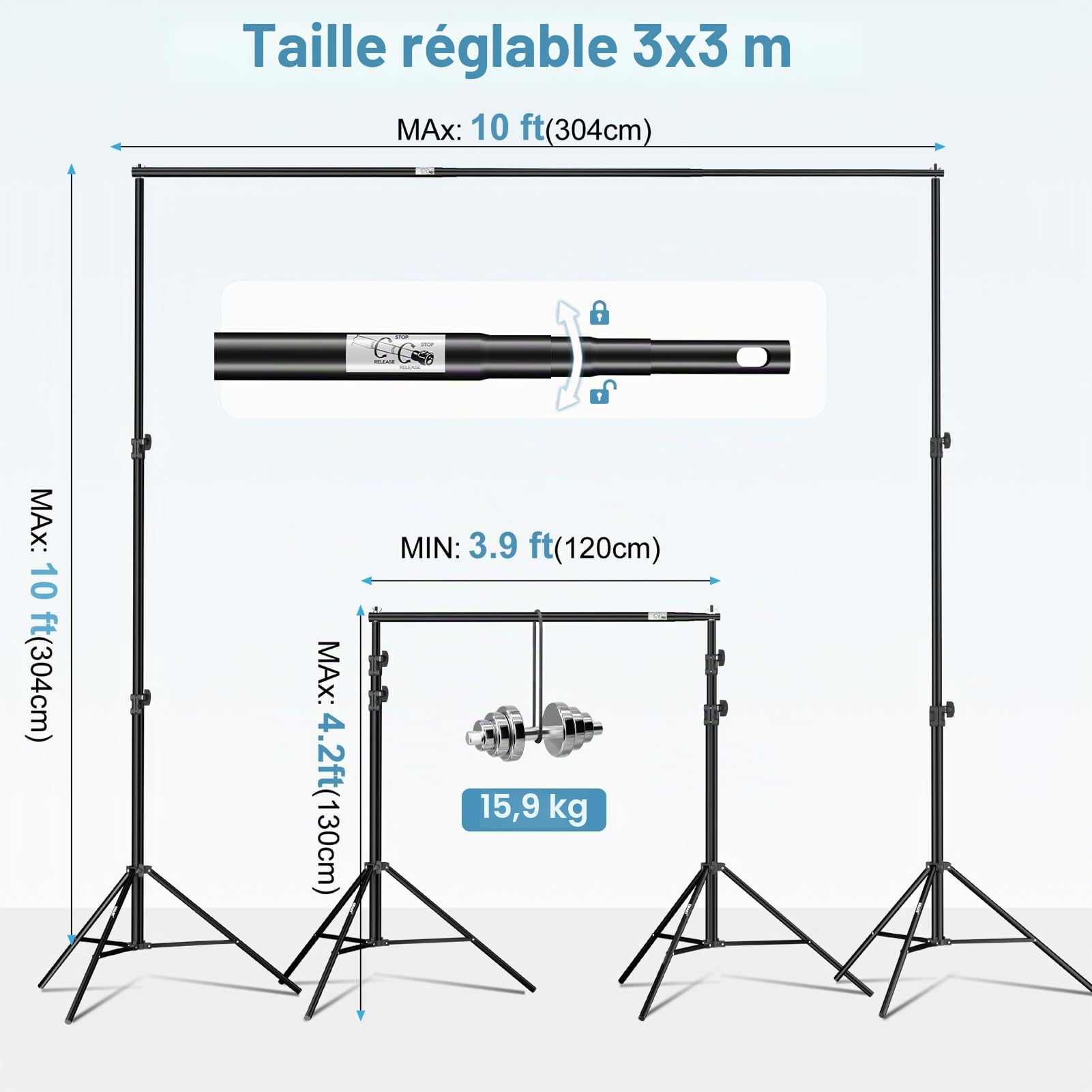 EMART Support de Fond Réglable 3 x 3 m, Système de Support de Toile de Fond avec 4 Pinces et Sac de Transport pour Studio Photo, Photographie Portrait, Vidéo, Mariage