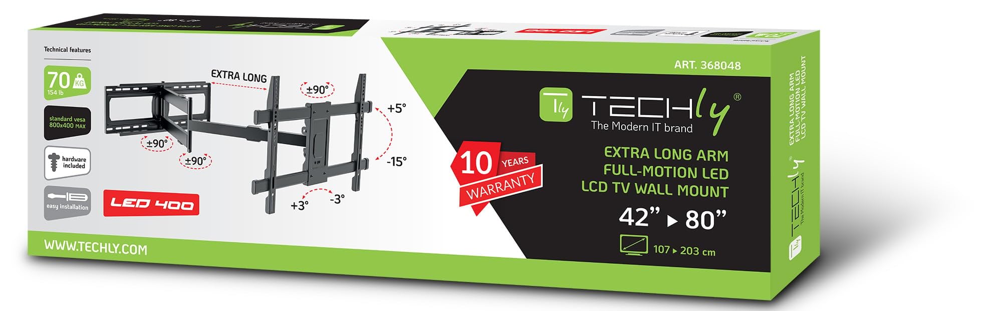 Techly 368048 Supporto a Muro Extra Long Full Motion per TV 42-80" Nero