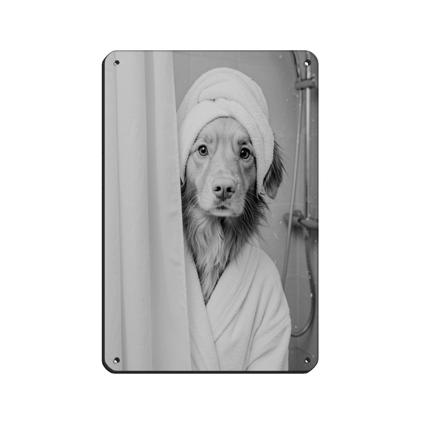 Dog Peeking Out of Shower Curtain（1） Retro Poster Metal Tin Sign Chic Art Retro Iron Painting Bar People Cave Cafe Family Garage Poster Wall Decoration 8x12inch(20x30cm)