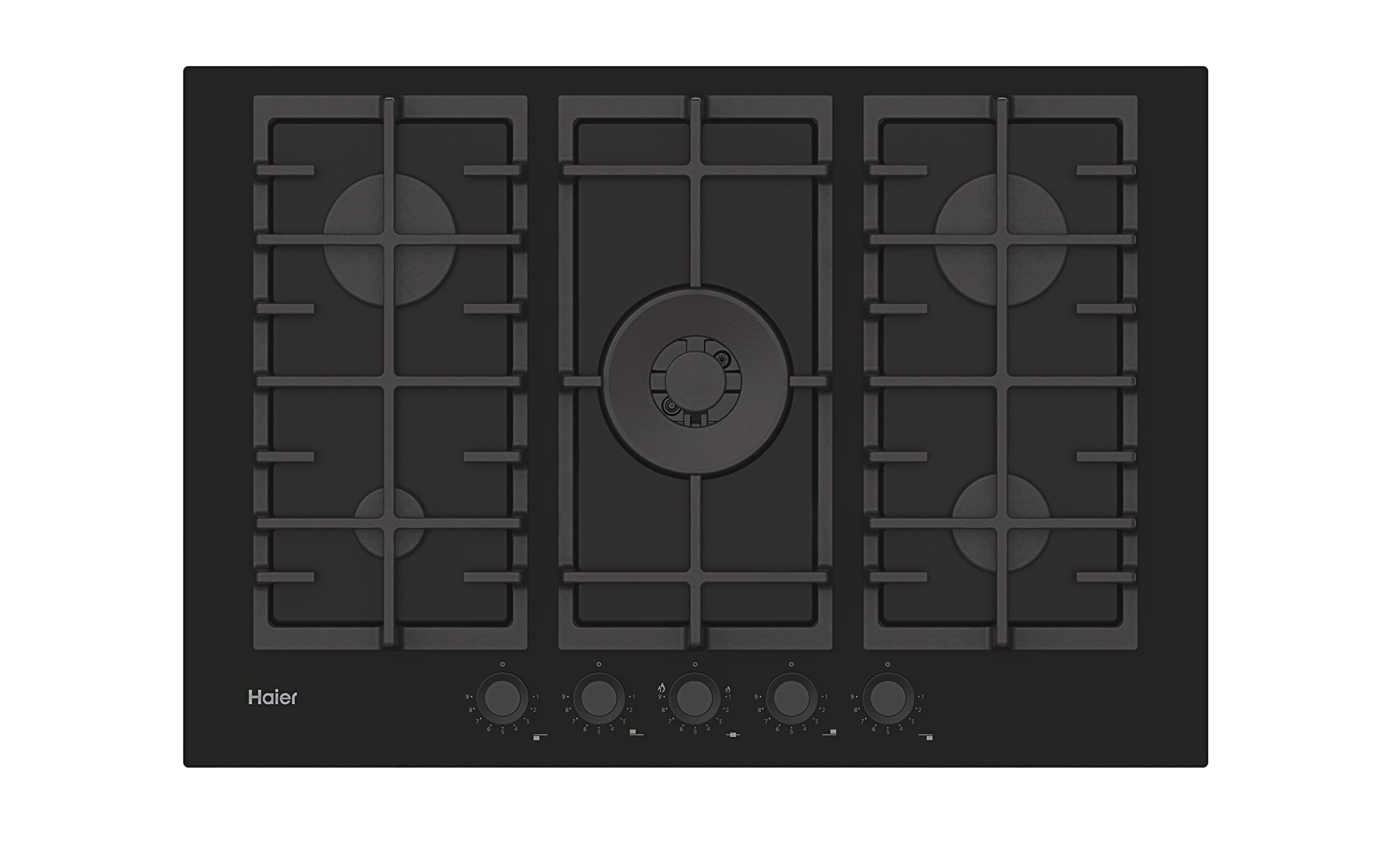 Haier Series 2 HAVG75S2B- Placa de Gas, 5 Fuegos, Ancho 75cm, Potencia total 12,9kW, Mandos centrales, 9 niveles de potencia, Rejillas de hierro fundido, Preci Flame, Cristal Negro