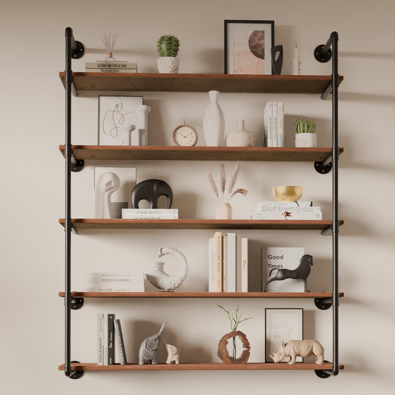 ONOTETUT Industrial Iron Pipe Shelf 5 Tier,48 inch Pipe Shelving with Solid Wood Plank,Open Book Shelves Storage,Floating Wall Mount Bookcases for