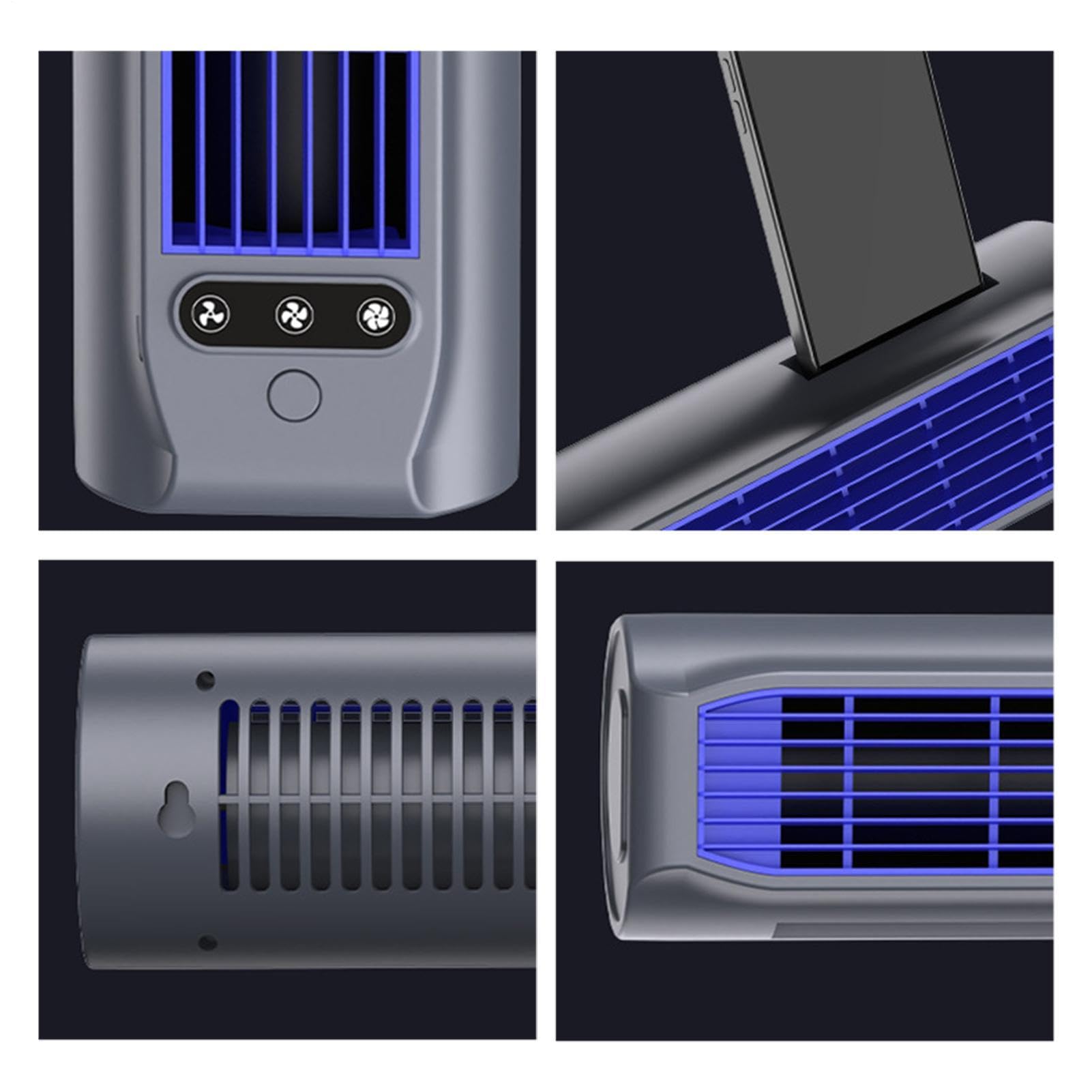 Ventilatore portatile ricaricabile da tavolo, mini ventilatore wireless da 3000 mAh, tre velocità regolabili, supporto per telefono integrato, condizionatore d'aria orizzontale per camera da