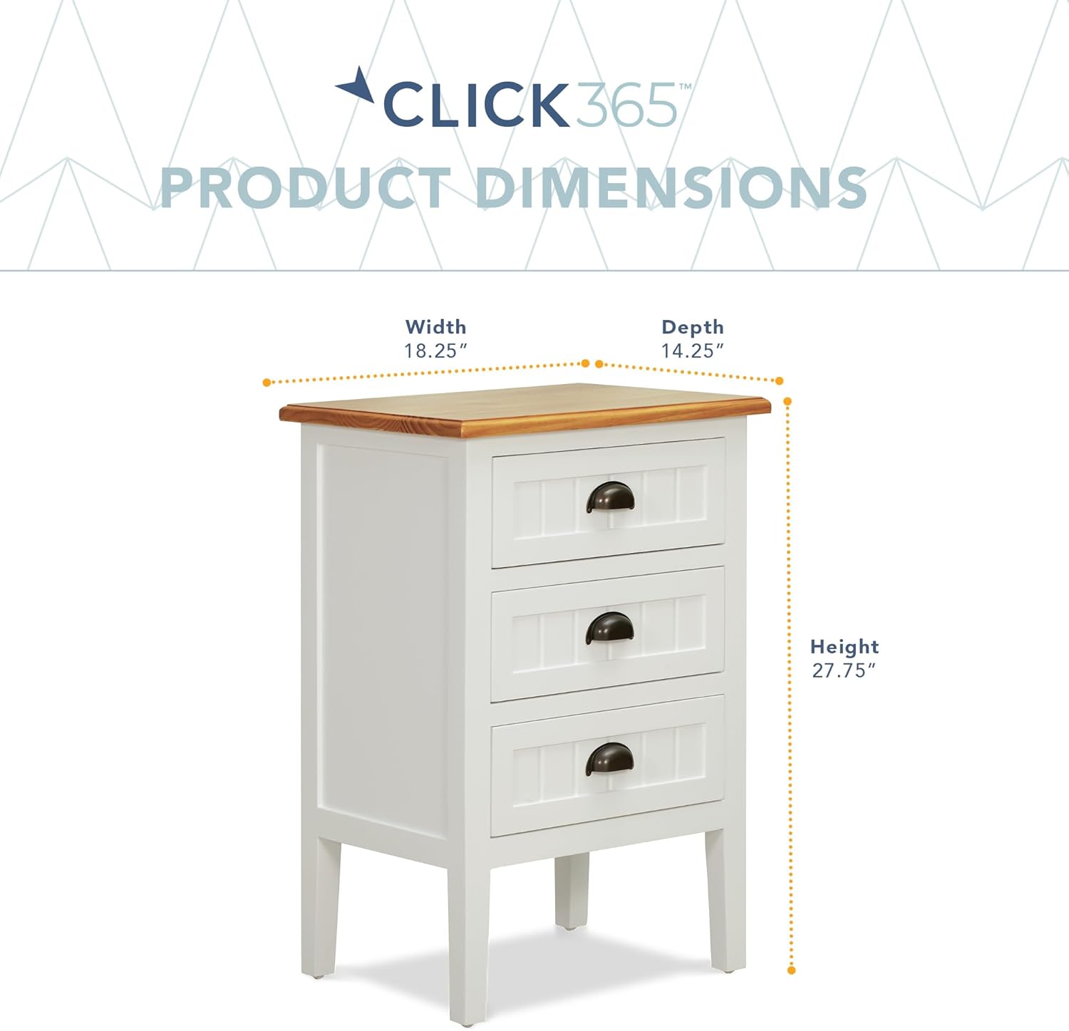 ClickDecor Martin Cabinet Nightstand, 3 Large 13" Drawers, Natural Grain Acacia Wood Top, Metal Cup Handles, BedsideTable for Bedroom, SideTable or EndTable for Living Room, Fully Assembled, White