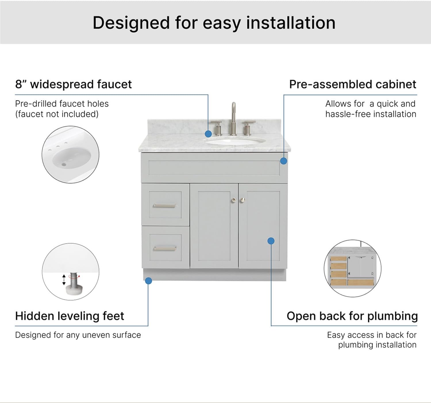 ARIEL Hamlet 36-inch Bathroom Vanity with Sink,Solid Wood, 0.75-inch Italian Carrara Marble Countertop & Backsplash, Single Rectangular Sink, 2 Soft Closing Doors, 2 Dovetail Drawers, Grey