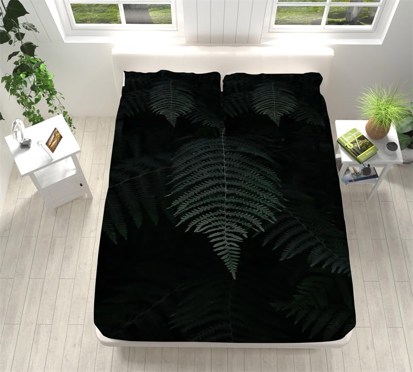 Juego Sabanas 160X200 Hojas De Color Verde Oscuro Bedding Juego De Sabanas 3 Piezas - Poliéster Microfibra Cepillada Funda Colchon - Hipoalergenica Juego De Sabanas - 2 Fundas De Almohada