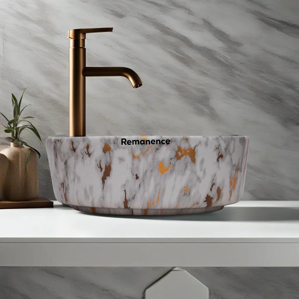 REMANENCE Round Countertop Wash Basin | Designer Table Top Bathroom Basin Sink | Vessel Sink Wash Basin Over Counter for Bathroom, Hotel, Home Living Room (12.5 x 12.5 x 5 Inch) (White Gold Spot) 2