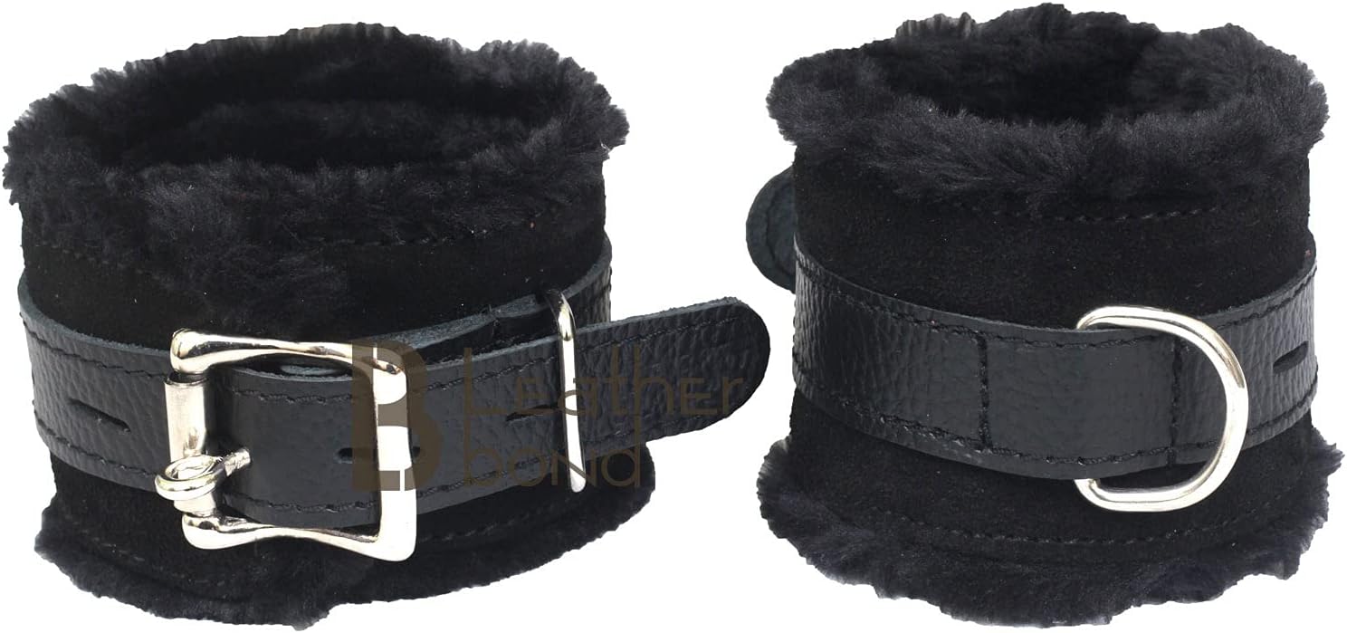 Real Cowhide Leather Wrist Cuffs, Ankle Cuffs Fluffy set with Foam Padding & Fur Lining Handmade