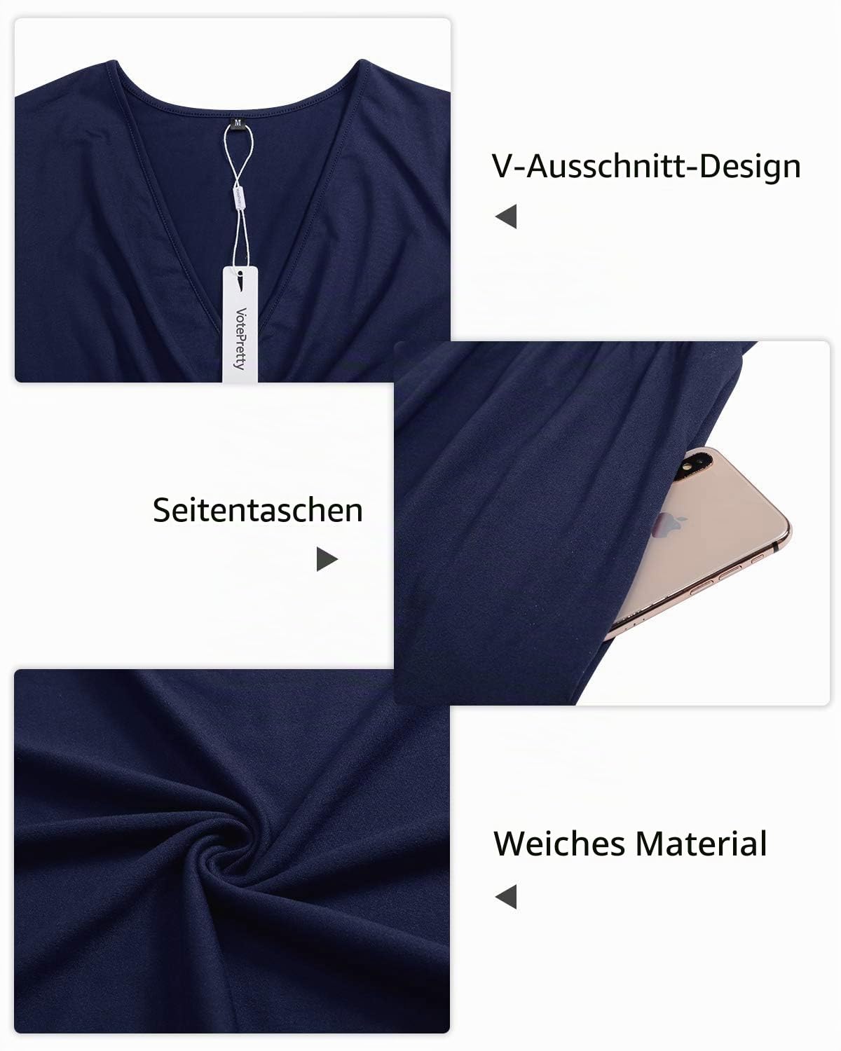 VOTEPRETTY Damen Sommerkleid Kurzarm V-Ausschnitt Wickelkleid Knielang Kleid mit Taschen