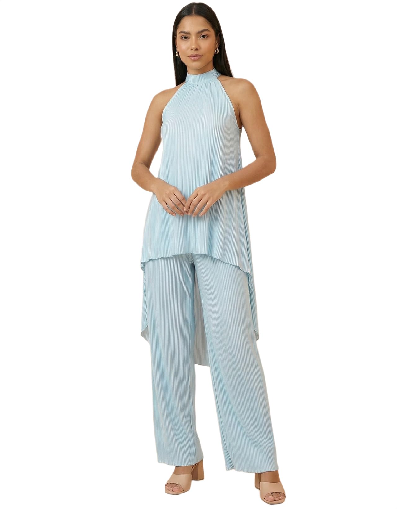 Women's Satin Plisse Halter Neck Co-Ord Set - Pleated High-Low Tunic Top With Elastic Waist Pants & Pockets - Elegant Summer Wear-image-12