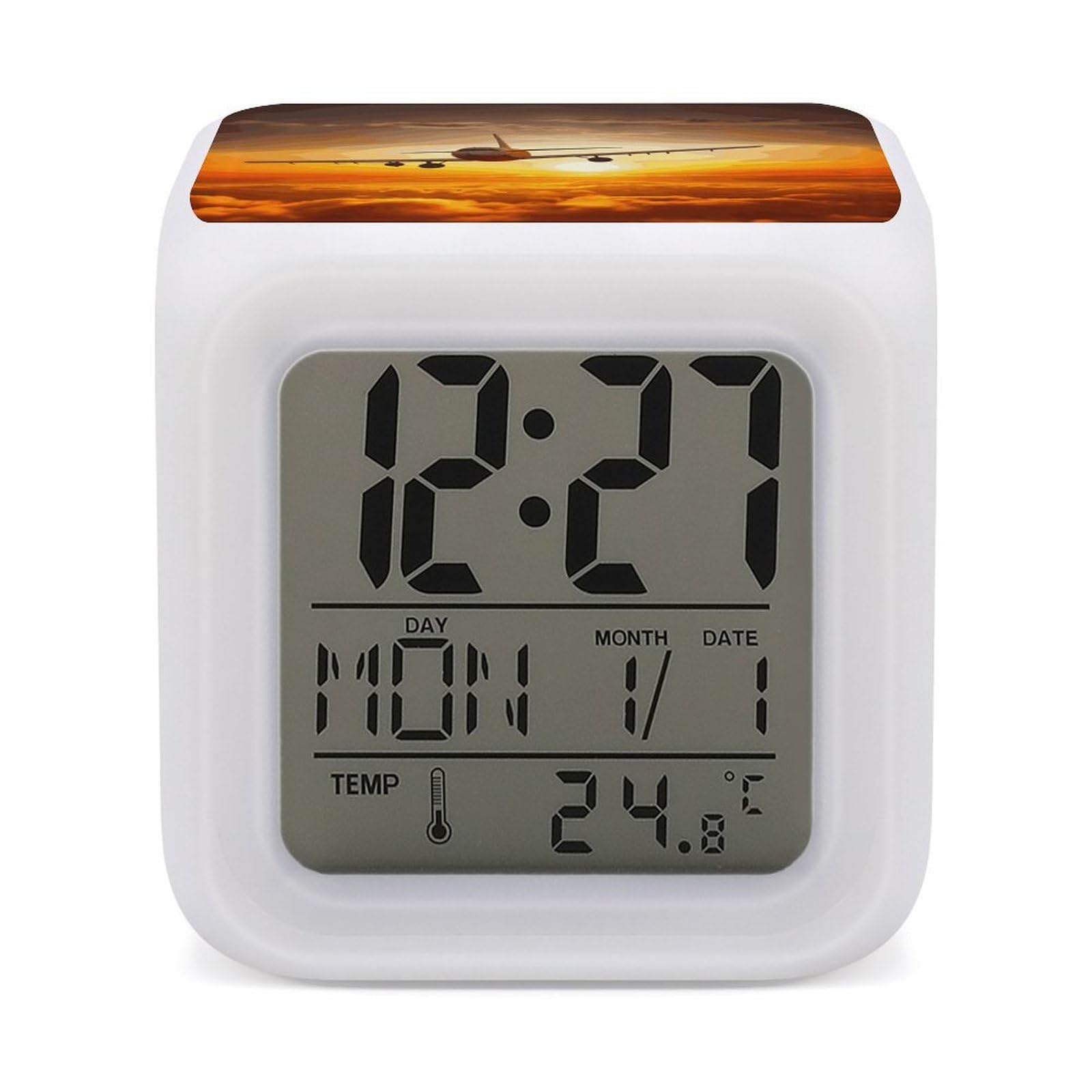 VstaDank Aircraft Plane at Sunset Alarm Clock with 7 Color Changing Night Light Date Temp Display Wake Clocks LED Display Digital Clock Electric Desk Clocks for Living Office Bedroom Decor