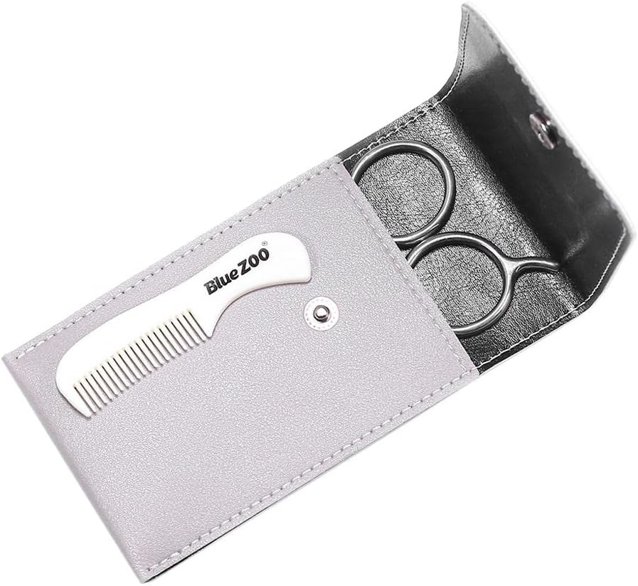 Stainless Steel Men Beard Scissors Mustache Grooming Set with Fine Tooth Comb & PU Leather Bag, for Home or Travel, & Easy to Clean, Perfect Beard Styling - Black