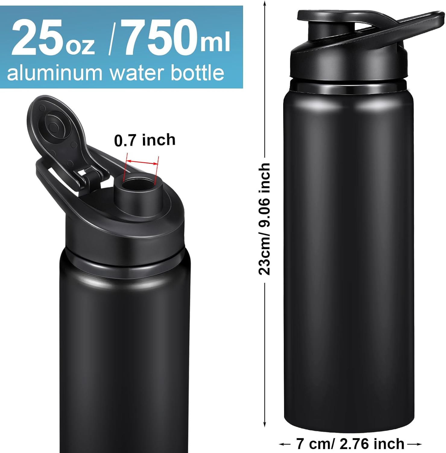 Chengu 10 Pcs 25oz Reusable Aluminum Water Bottle Bulk Lightweight Outdoor Sports Water Bottles Easy Carry Leak Proof for Travel Gym Camping Hiking Fishing, Snap Lid (Black) - Image 2