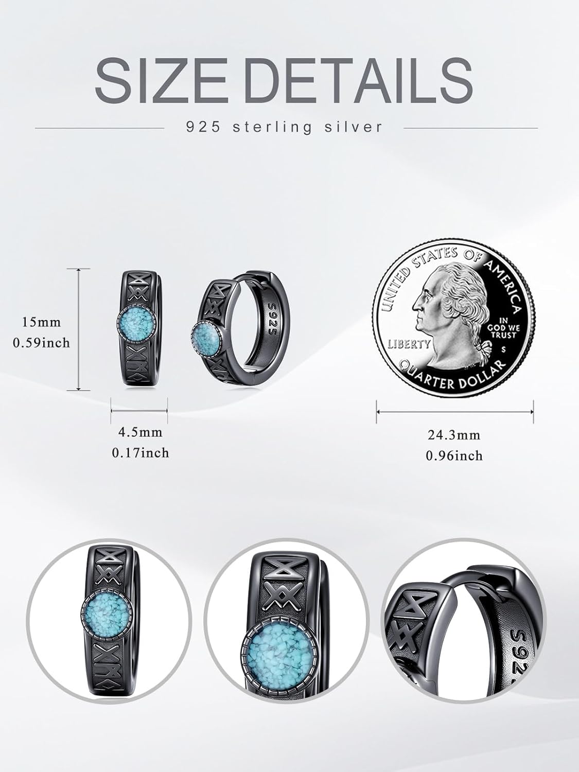 Black Viking Hoop Earrings for Men 925 Sterling Silver Rune/Ankh/Celtic Knot Turquoise Huggie Earrings Viking Jewelry Gifts for Men Women