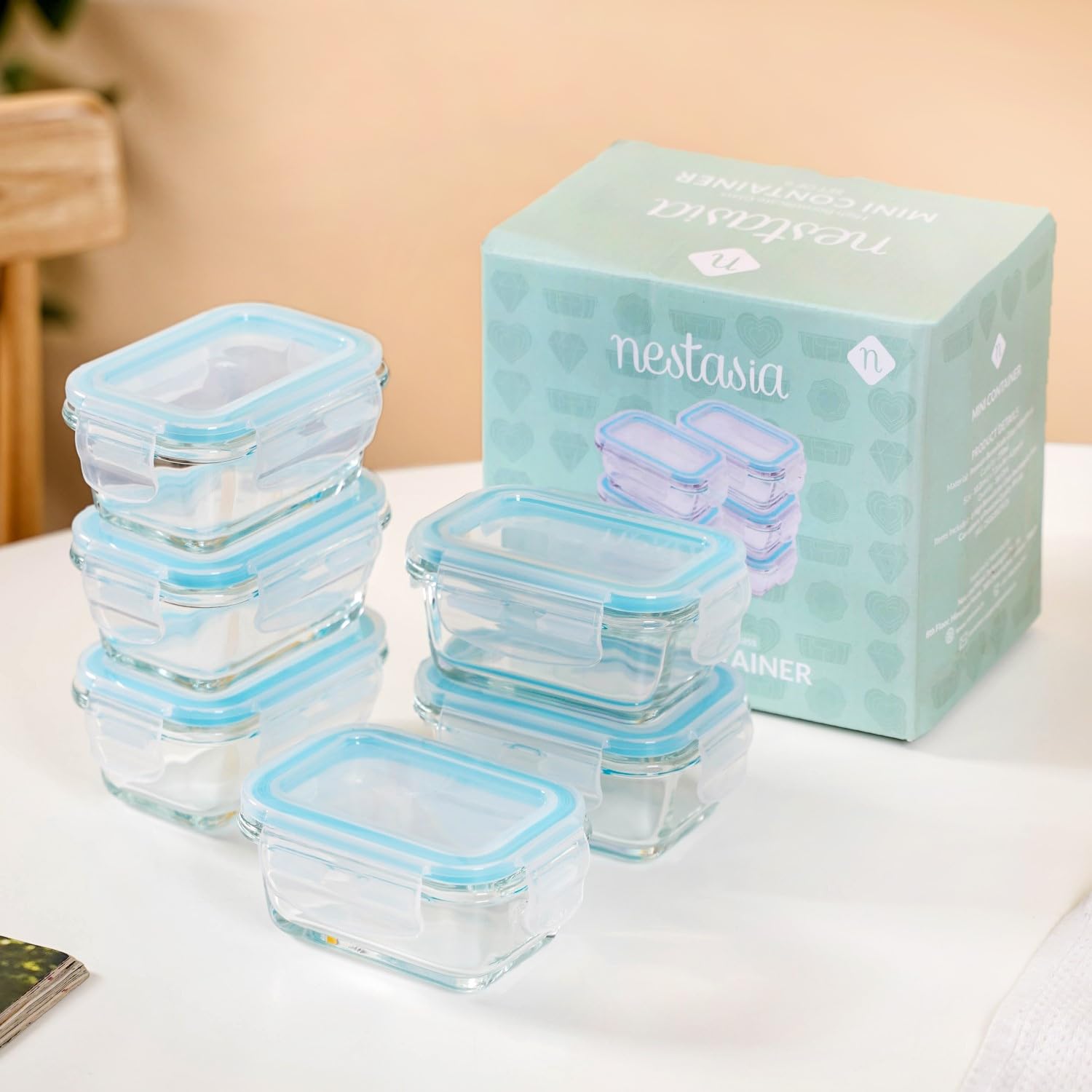 Nestasia Small Glass Lunch Box for Men & Women (Set of 6-150ml Each) - Transparent Borosilicate Glass Airtight Containers with Clip Lock Lid - Microwave, Dishwasher and Refrigerator Safe