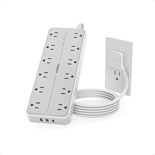 Miniatura 1 de TESSAN Regleta protectora de sobretensiones, cable de extensión con múltiples tomas, 12 salidas de CA, 3 puertos USB (1 USB C), enchufe de pared