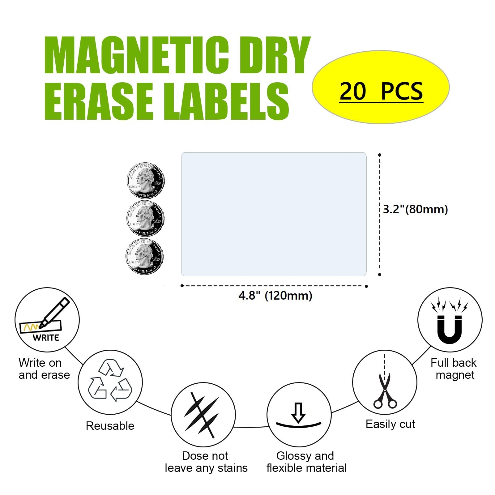 STTMGN Etichette magnetiche grandi cancellabili a secco (4,8 x 3,2, confezione da 20), grandi etichette magnetiche da scrivere, impermeabili, riutilizzabili, per frigorifero, armadietti, lavagne