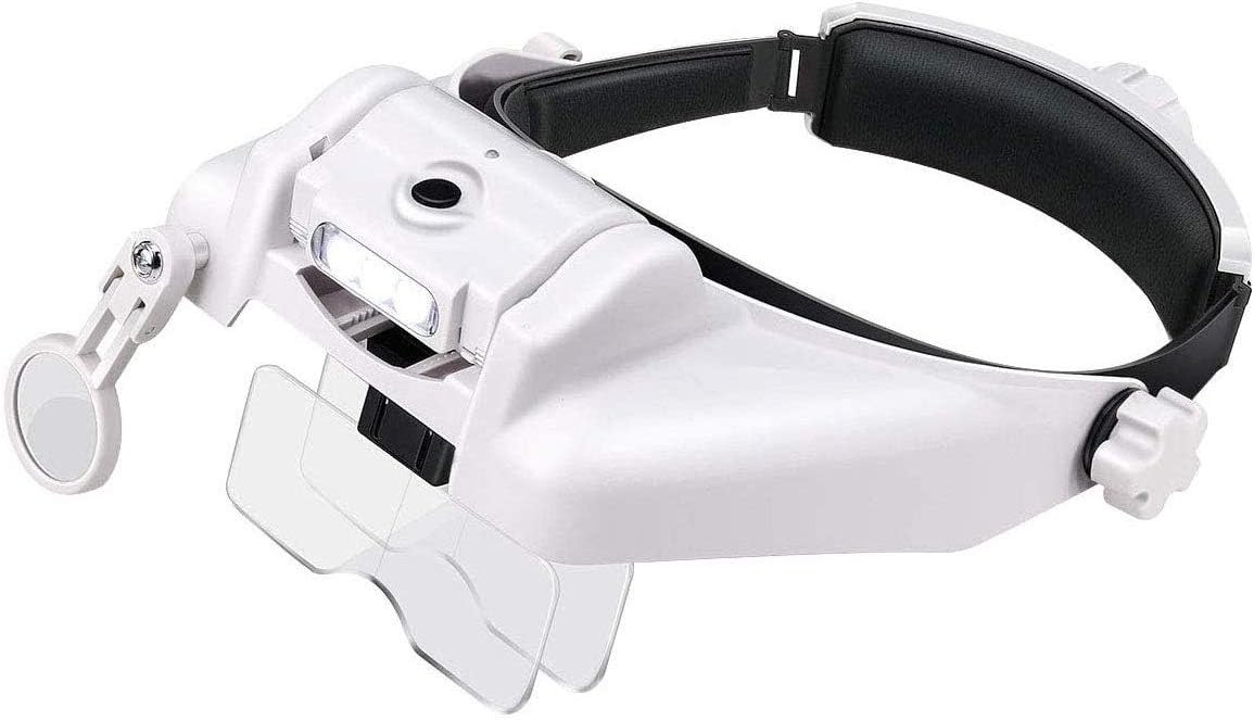 Headband Lighted Magnifying Glasses with Led Light, Lychee Head Mount Magnifier Glasses Visor Handsfree Headset Magnifier Loupe for Close Work,Sewing,Crafts,Reading,Repair,Jewelry