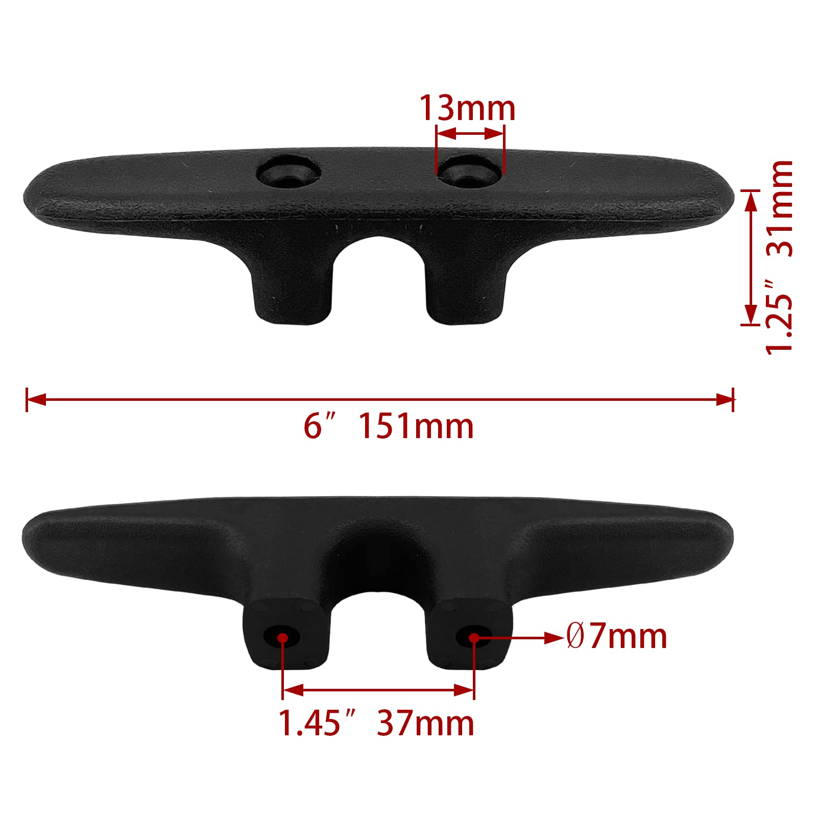 ISURE MARINRE 4 PCS Marine Black Nylon Cleat Open Base 6 Inch Heavy-Duty Nylon Cleat Boat Deck and Anchor Line Cleat w/Finish