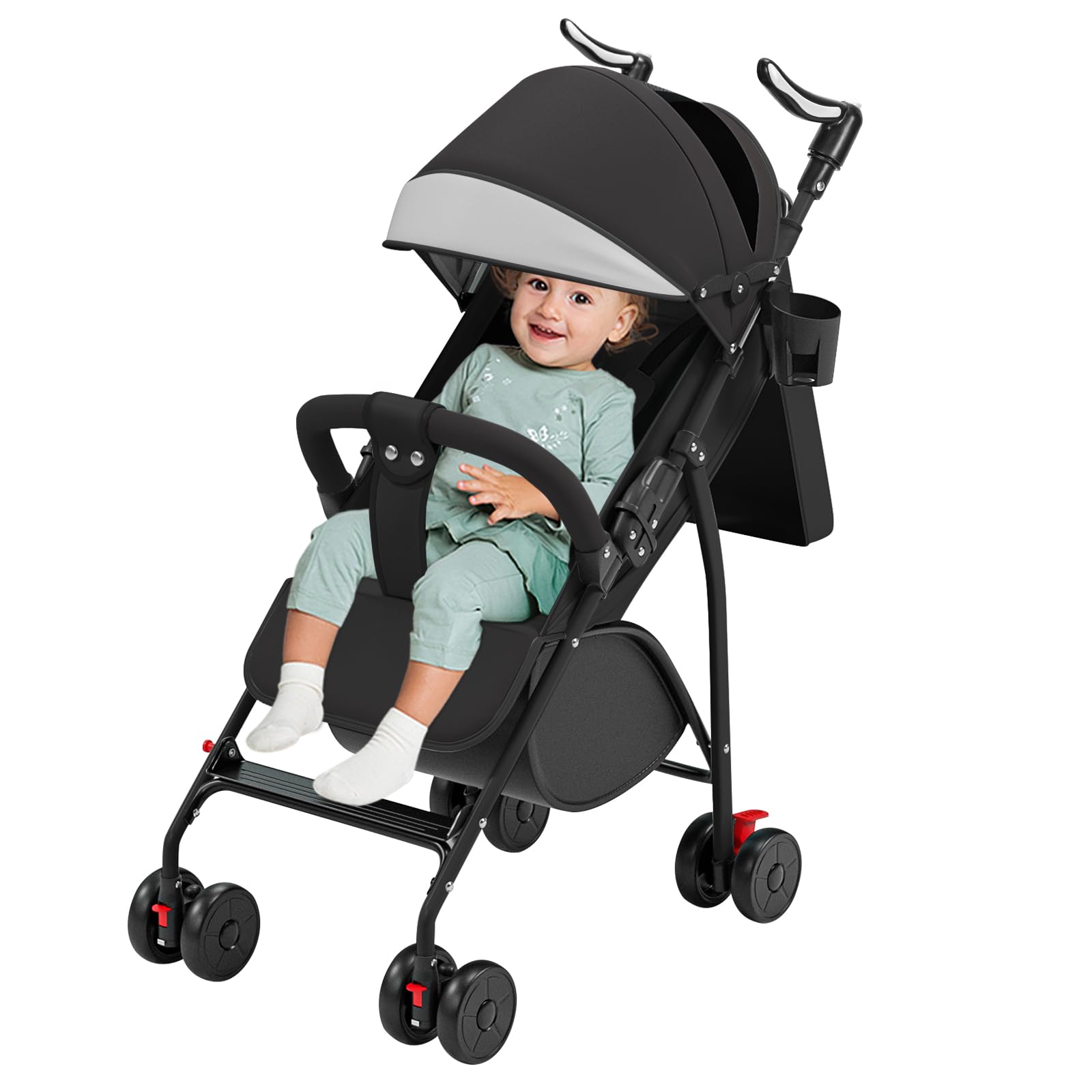 Kinderwagen ab 0-4 Jahre, 0-28 kg,reisebuggy mit liegefunktion，federleichter, kompakter Buggy, 3 Liegepositionen, flache Liegeposition, klein zusammenklappbar, Schultergurt (Schwarz)