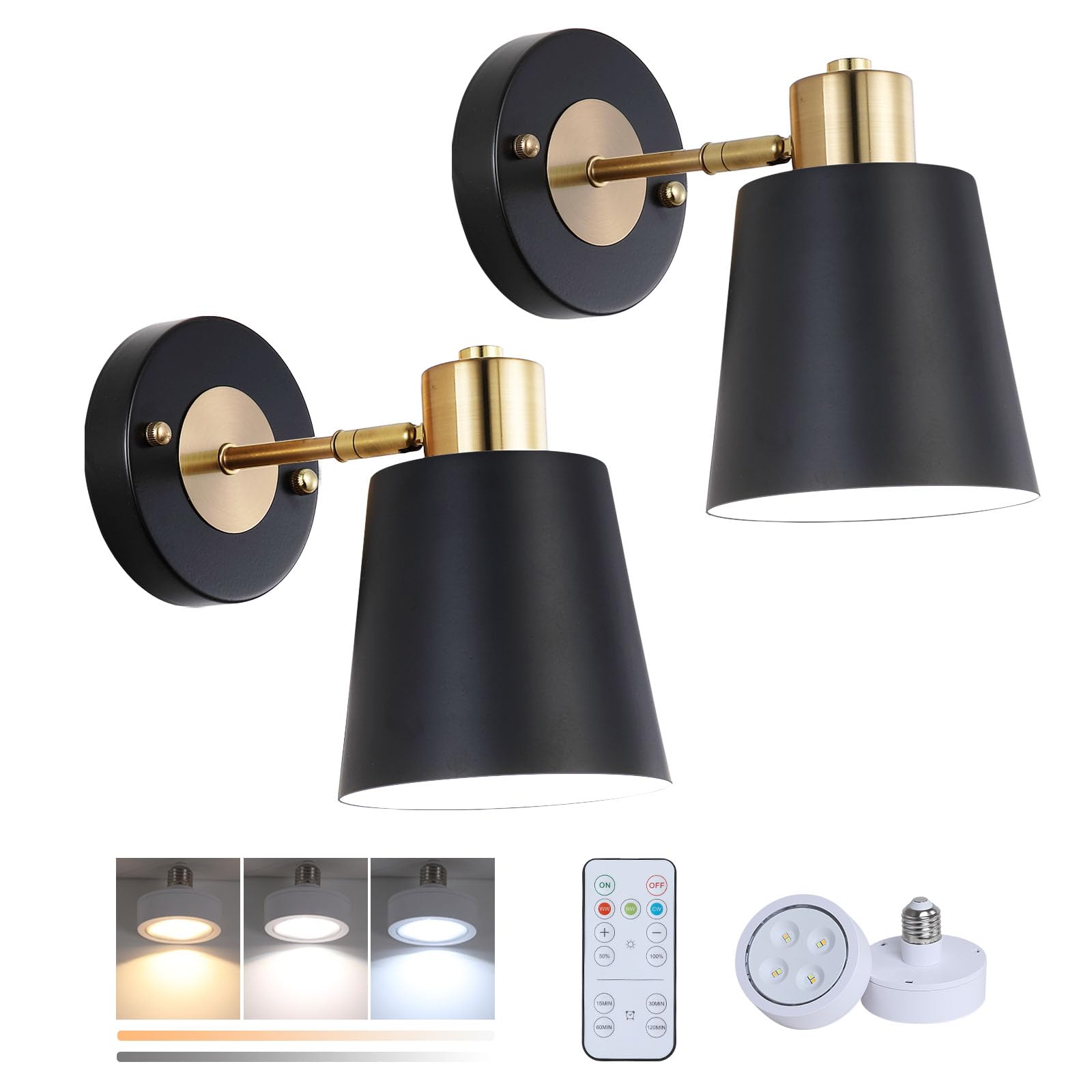 Battery Operated Wall Sconce Set of Two, Black and Gold Modern with Remote Control Dimmable Wall Lighting Indoor, Not Hardwired Led Wall Lamp Fixtures for Bedroom, Bulb Included