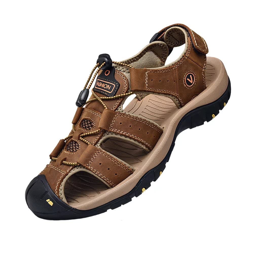 ZYLDK Hombre Sandalias de Verano Playa para Punta Cerrado Deportivas Exterior Senderismo Hombres Excursionismo Cuero Zapatos Velcro 38-48