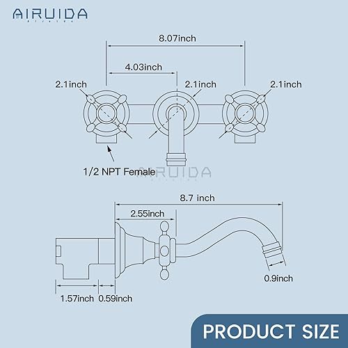 Miniatura 6 de Airuida Grifo de baño de montaje en pared, grifo de lavabo de baño montado en la pared, boquilla giratoria 360, 2 perillas cruzadas, 3 agujeros,