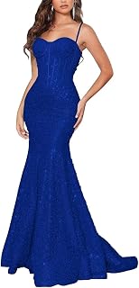 Women's Spaghetti Straps Sequin Corset Prom Dresses Long Mermaid Sparkly Glitter Formal Evening Gowns Backless