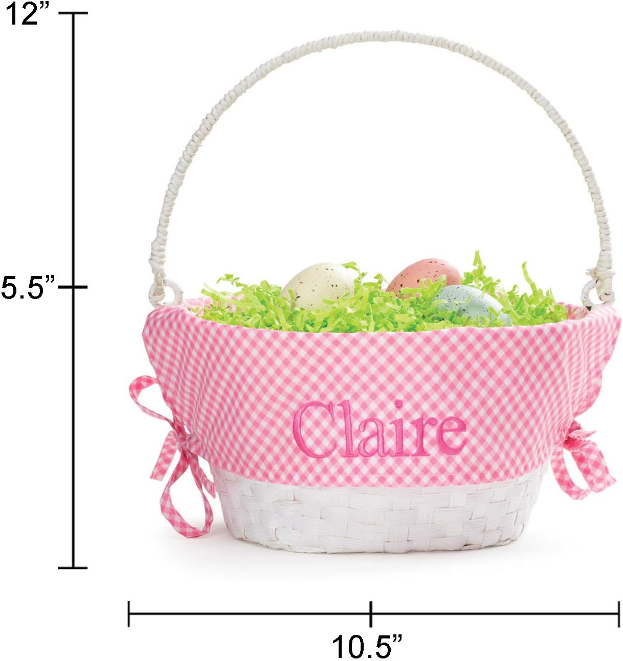Personalized Easter Egg Basket with Handle and Custom Name | Pink Gingham Easter Basket Liners | White Basket | Woven Easter Baskets for Kids and Adults | Customized Easter Basket | Gift for Easter
