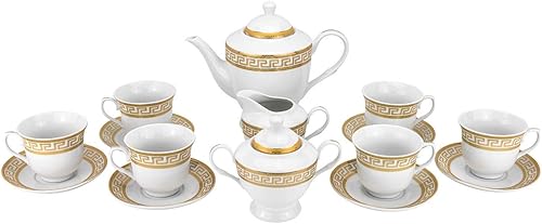Royalty Juego de té de porcelana de 17 piezas de porcelana de diseño griego antiguo (dorado) disponible en Yaxa Peru