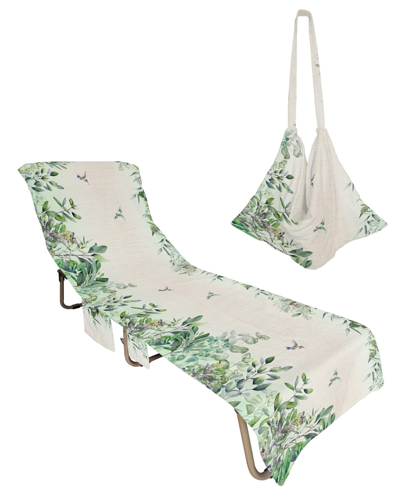 Eucalyptus Bird Beach Chair Towel Covers for Chaise Lounge with Side Pocket, Soft Plush Pool Towels Cover for Patio Sunbathing Outdoor 29''x85'' Green Leaves Farmhouse Flower