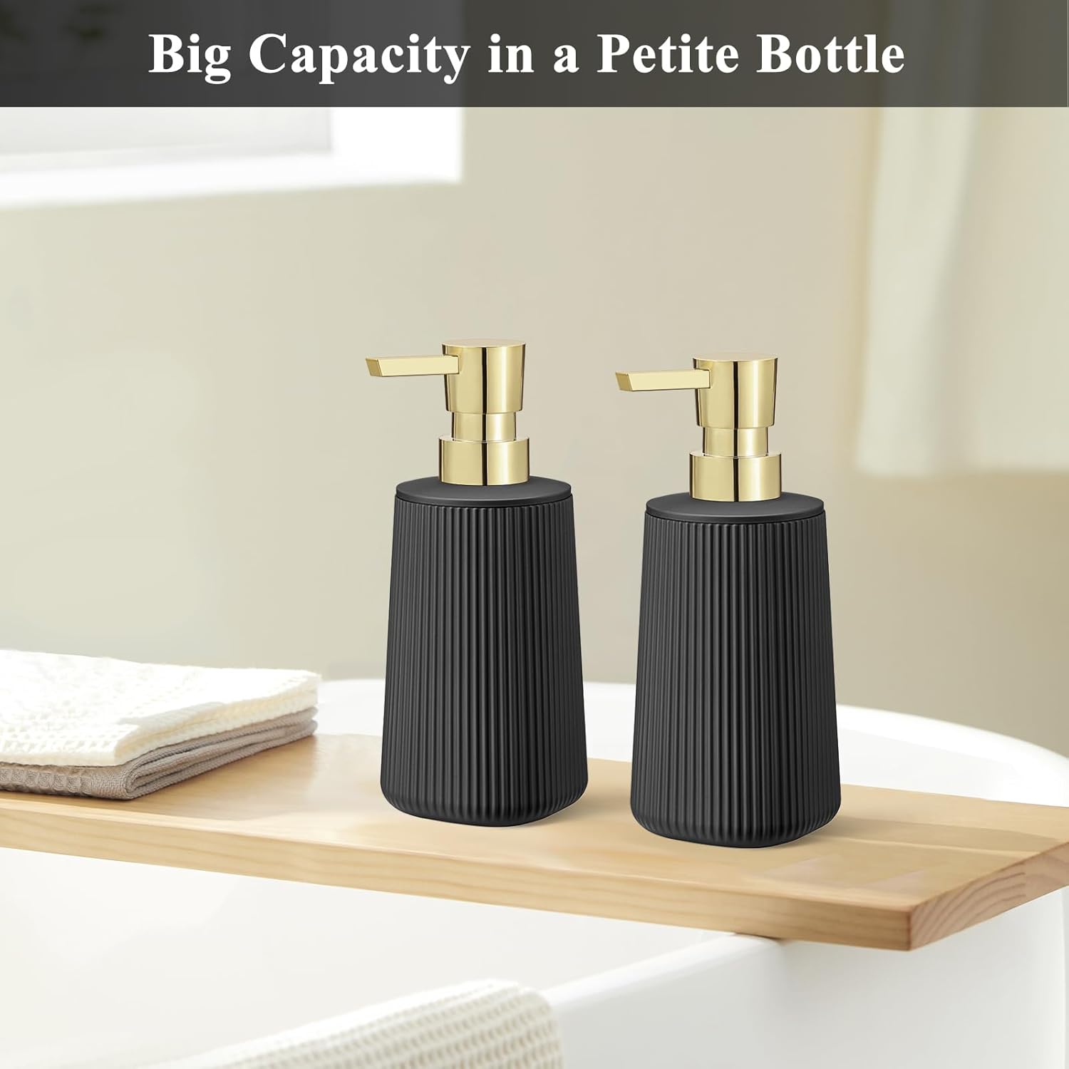 Black and Gold 2 Pack Hand Soap Dispensers with No Rust Pump for Bathroom and Kitchen Countertops Refillable Striped Matte Plastic 8.5 oz - Image 3