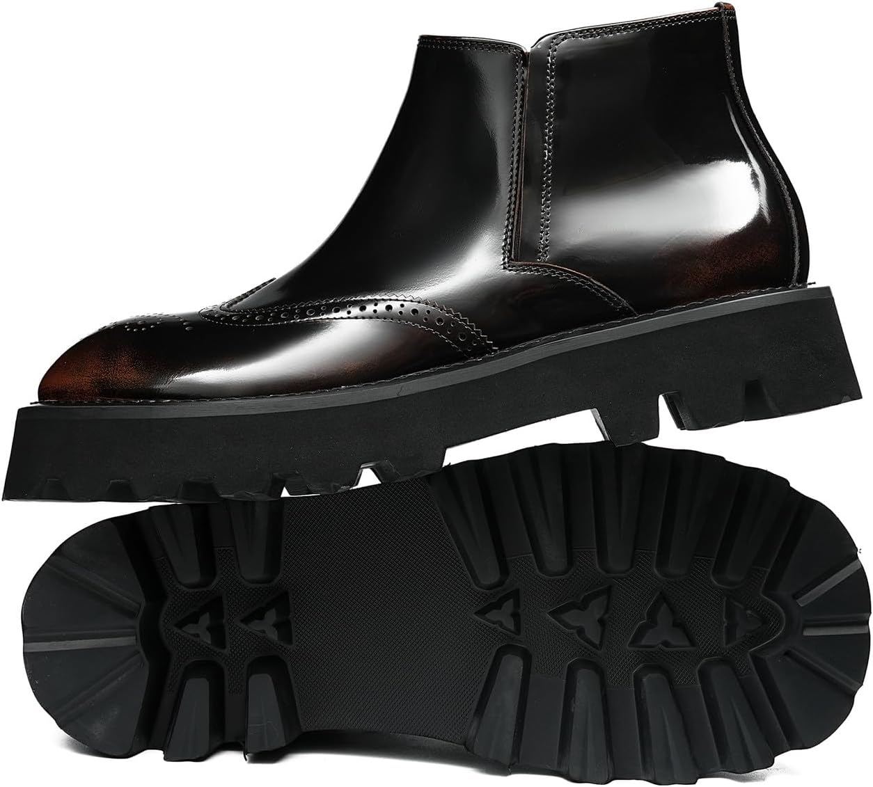 Santimon Men's Patent Leather Wingtip Ankle Chelsea Boots -Fashion Dress Casual Boots with Side Zipper, Brogue Detail & Chunky Lug Sole for Business, Wedding
