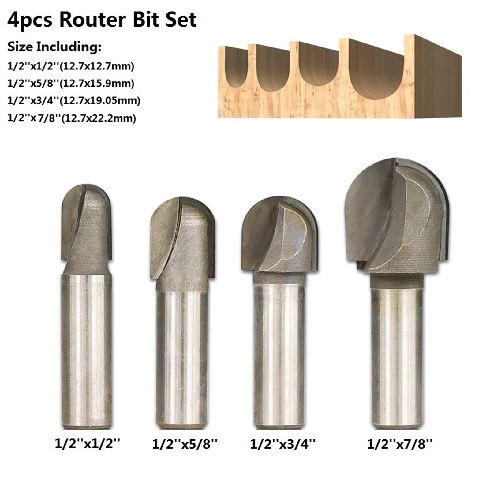 SUOFEILAIMU-PHONE CASE Metal 1/2 Inch Shank Rounding Router Bit Wood Milling Cutter Diameter 1/2 5/8 3/4 7/8 (Cutting Edge Length : 4pcs Router Bit Set)