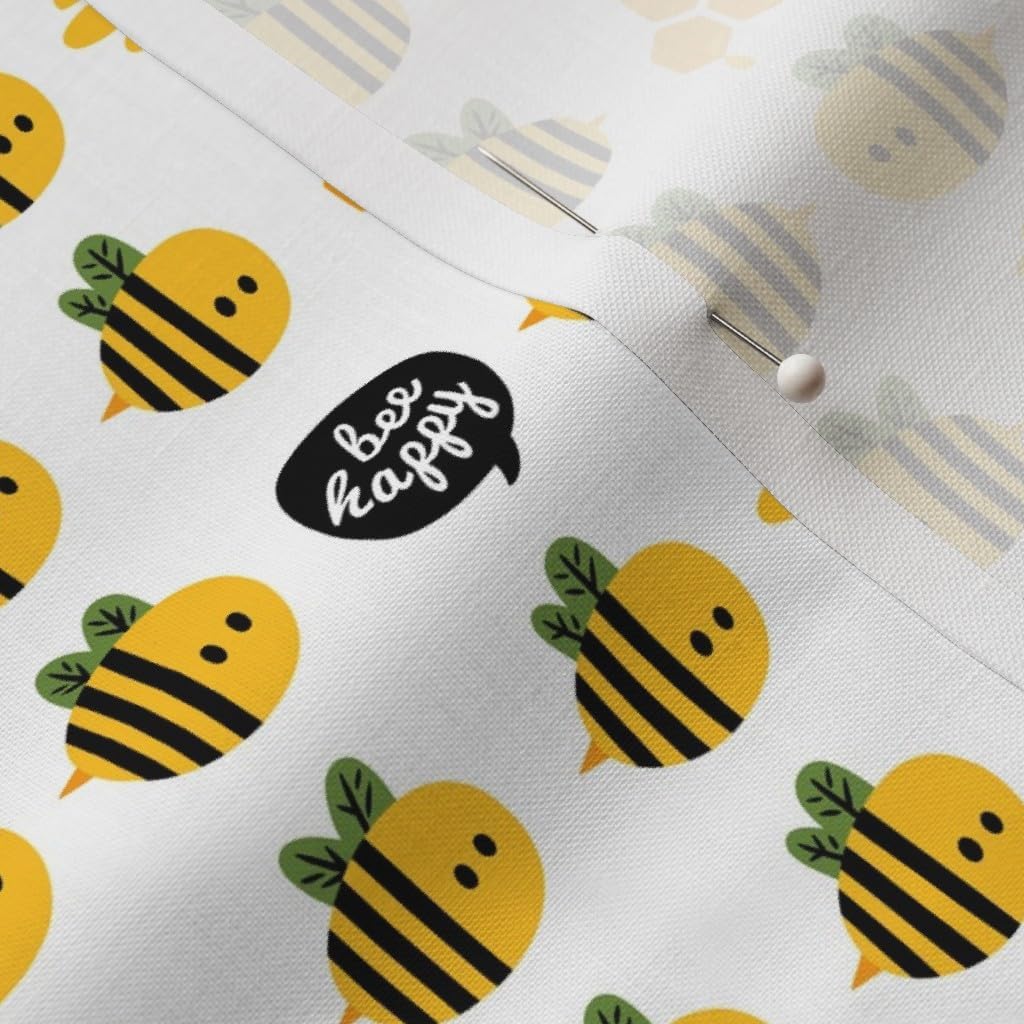 Spoonflower Fabric - Bee Happy Hive Honey Cartoon Funny Yellow Illustration Fantasy Insects Printed on Petal Signature Cotton Fabric by The Yard - Sewing Quilting Apparel Crafts Decor