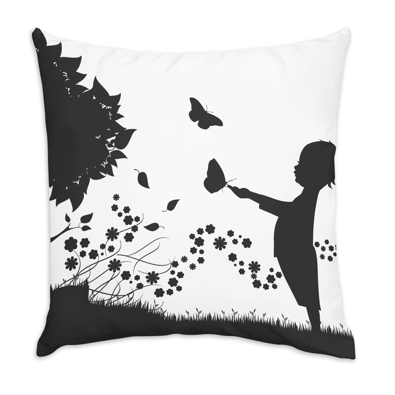 Coussin en Velours Blanc 40 x 40 cm taie motif pré fleuri et papillon