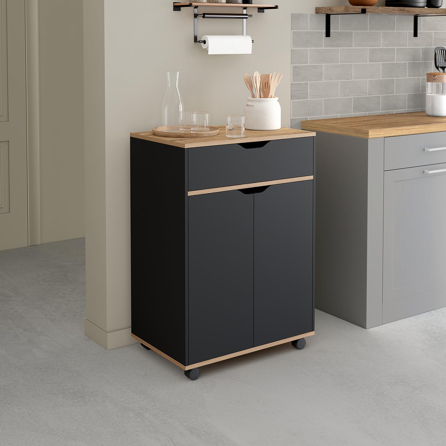 IDMarket - Desserte de cuisine COSY placard avec tiroir bois noir et plateaux façon hêtre L.60 CM