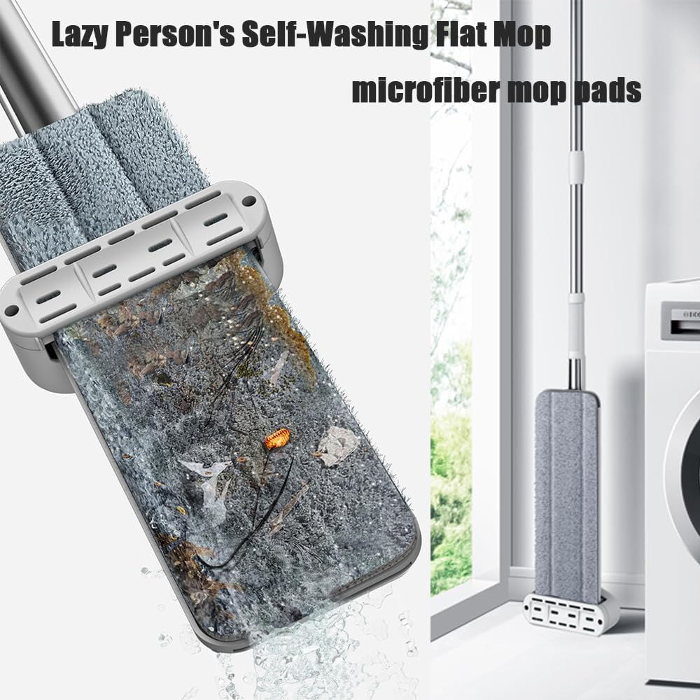 Nexoria Grande serpillère plate auto-lavante, rotative à 360°, serpillère plate avec 3 tampons lavables et long manche en microfibre mains libres pour la maison et la salle de bain, 38 cm
