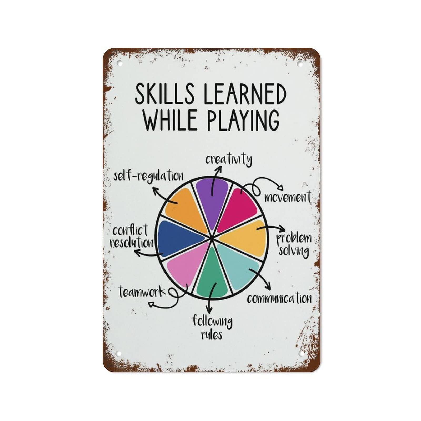 Yivxa Style-444 Tin Signs For Bar Skills Learned While Playing, Bright Classroom Poster, Play Therapy Print, Occupational Therapy Wall Tin Sign Art Wall Funny Signs 8X6 Inch